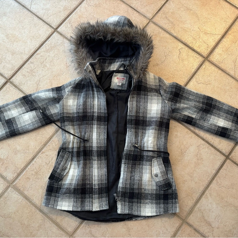 MOSSIMO WINTER JACKET hood  FUR BLK GRAY PLAID size small Adjustable Waist